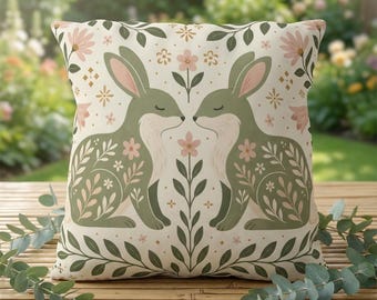 Boho Bunny Outdoor Pillow: Folk Art Rabbit, Floral Spring Patio Decor