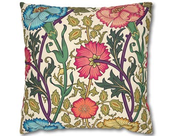 Cojín floral inspirado en William Morris, cojín botánico vintage, decoración estilo cottagecore.