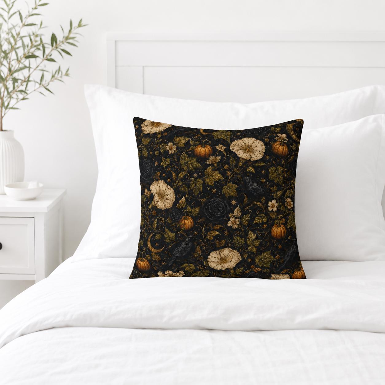 Gothic raven pumpkin and floral Halloween pillow
