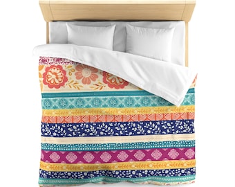 Capa de edredom floral listrada boho, roupa de cama patchwork estilo cottagecore, decoração de quarto com inspiração vintage
