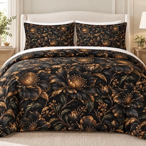 May include: A bedding set featuring a duvet cover and two matching pillow shams with a dark black background and a large-scale floral pattern in shades of metallic gold, bronze, and deep green, with a crisp white border trim.