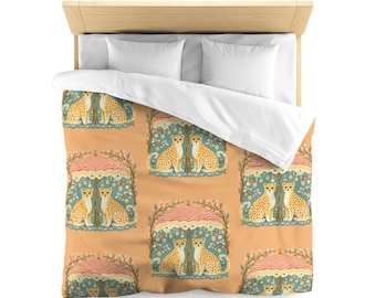 Leopard Folk Art Bettbezug, Boho Tier Bettwäsche, Schlafzimmer Dekor im skandinavischen Stil, Wunderliche Leopard Print Bettdecke, Maximalist Bettwäsche Set