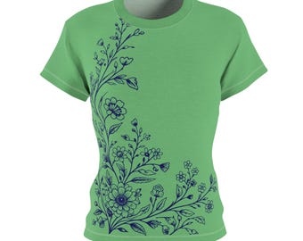 Camiseta verde con estampado botánico lineal, top minimalista con estampado floral de la naturaleza.