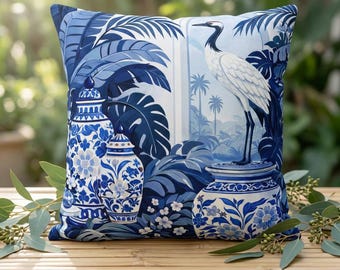 Blue White Chinoiserie Crane Outdoor Pillow: Coastal Porcelain Garden Cushion