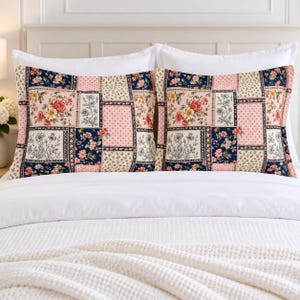 Floral Patchwork Pillow Sham, Cottagecore Pink Navy Roses, Shabby Chic Bedroom Bedding