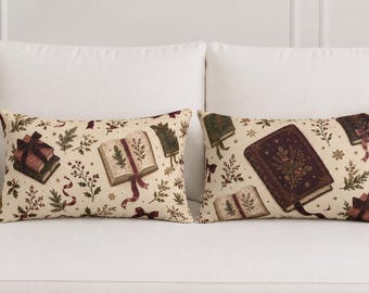 Christmas Book Lumbar Pillow, Vintage Literary Holiday Bedding Collection