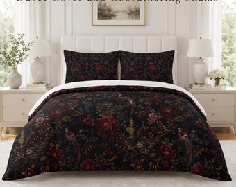 Midnight Garnet Garden Duvet Cover, Dark Floral Bird Design, Vintage Bedroom Decor