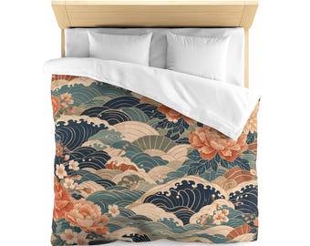 Japanese Wave Floral Duvet Cover Set, Moody Peony Sakura Bedding, Teal Rust Boho Microfiber