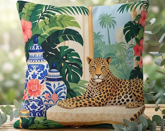 Chinoiserie Leopard Outdoor Pillow: Blue White Tropical Botanical Garden Throw Cushion