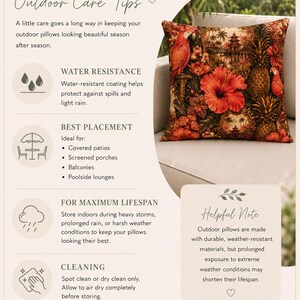 May include: A square throw pillow featuring a vibrant tropical print with red parrots, orange hibiscus flowers, and pineapples against a dark background. The image includes text titled Outdoor Care Tips, detailing water resistance and maintenance.