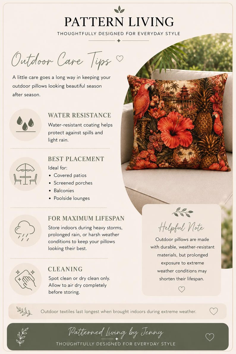 May include: A square throw pillow featuring a vibrant tropical print with red parrots, orange hibiscus flowers, and pineapples against a dark background. The image includes text titled Outdoor Care Tips, detailing water resistance and maintenance.