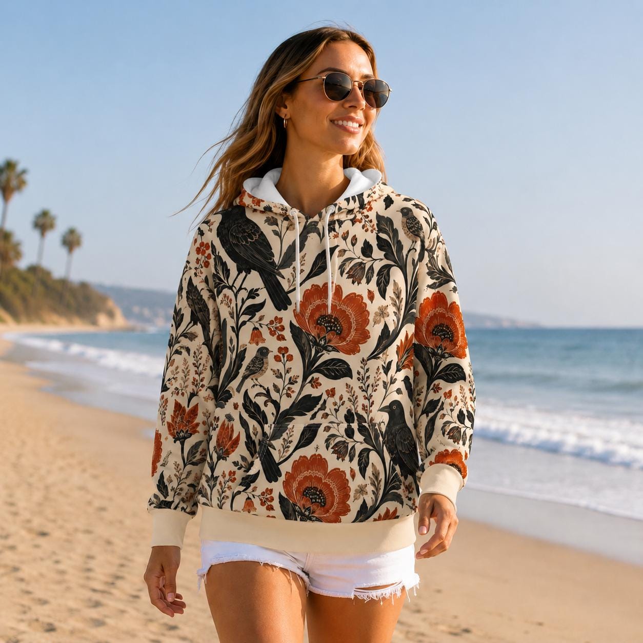 Woman wearing an autumn wildflower all-over print hoodie