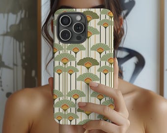 Art Deco Floral Tough Phone Case: Vintage Botanical iPhone Cover, Neutral Tones