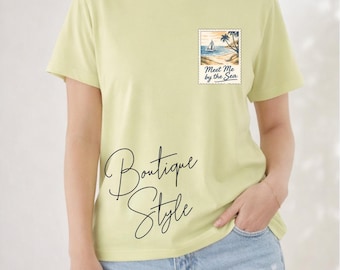 Meet Me By The Sea – Coastal Graphic Tee: Sailboat, Palm Tree Beach Vacation Top