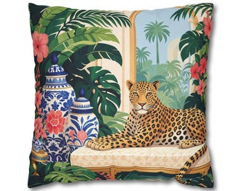 Tropical Chinoiserie Leopard Pillow Cover: Blue White Floral Botanical Cushion