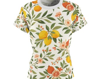 Camiseta con estampado botánico de cítricos de limón, top floral mediterráneo de verano para mujer