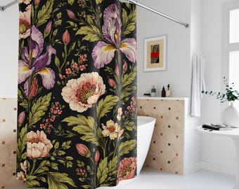 Cortina de ducha vintage con estampado botánico floral, decoración de baño estilo William Morris