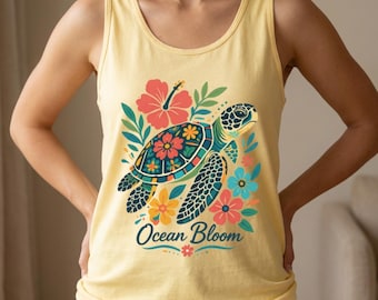 Ocean Bloom Sea Turtle Tank Top, Coastal Floral Beach Summer Shirt