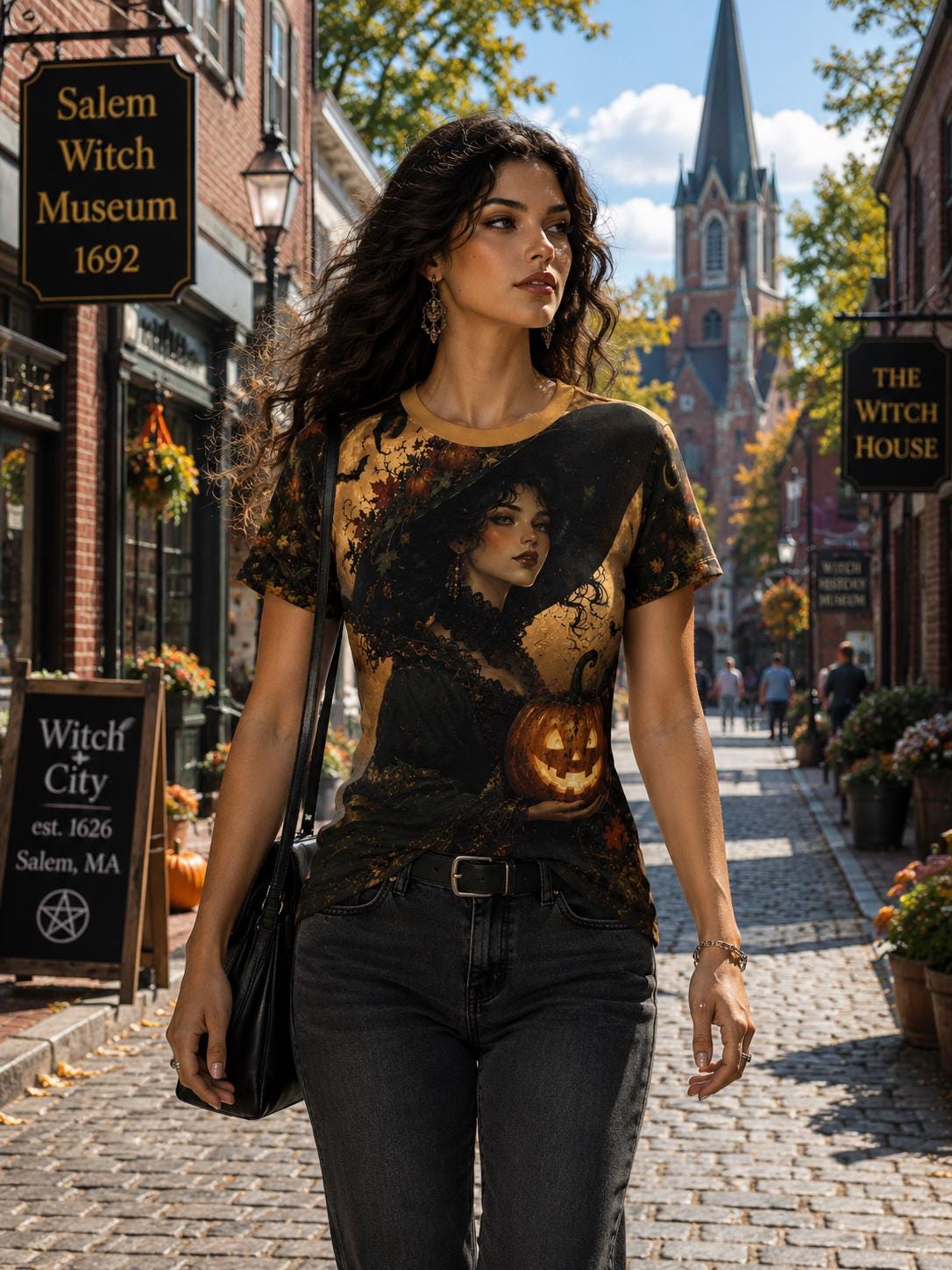 Woman wearing a gothic witch autumn moon all-over print T-shirt
