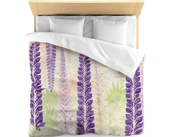 Lavender Botanical Duvet Cover, Purple Floral Bedding, Soft Boho Bedroom Decor, Watercolor Stripe Duvet, Cottagecore Bedding Set