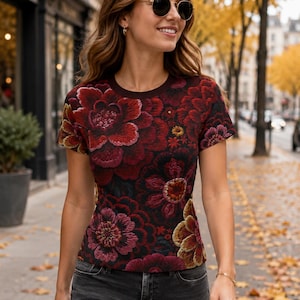 May include: A short-sleeved crew neck t-shirt featuring a dark black base with a dense, vibrant floral pattern in shades of deep red, burgundy, and muted gold. The shirt is paired with dark gray denim jeans, creating a contrast between the intricate, textured floral print and the solid, neutral tone of the pants.