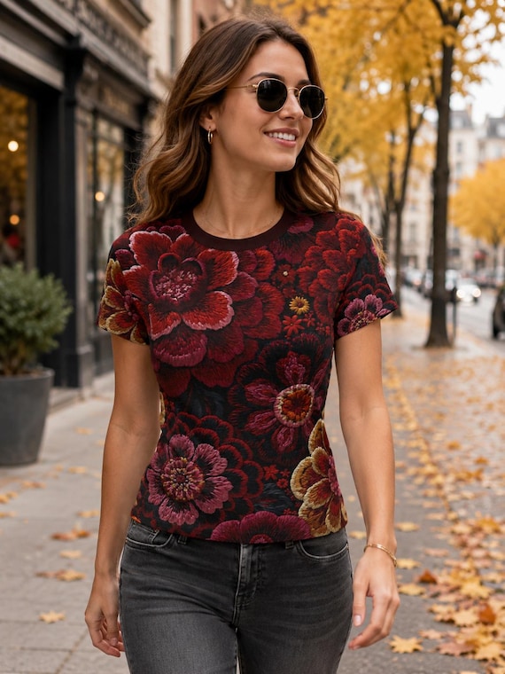 Women's Vintage Botanical Floral Print T-Shirt, Dark Garden Crew Neck Tee