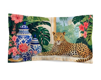 Leopard Pillow Sham: Tropical Chinoiserie, Palm Floral, Coastal Bedroom Decor