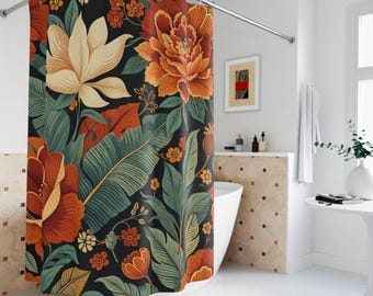 Cortina de ducha floral con un toque melancólico, decoración botánica tropical para el baño, inspiración vintage, estilo jungla maximalista.