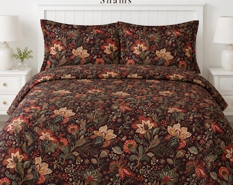 Dark Floral Botanical Duvet Cover, Vintage Tapestry Cottage Decor Pillow Sham