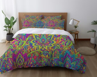 Funda nórdica Boho Lotus colorida, ropa de cama floral maximalista, funda de edredón botánica psicodélica, decoración vibrante para dormitorio Boho.