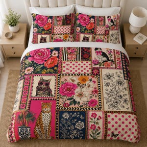 Whimsical Cat Floral Patchwork Duvet Cover, Maximalist Boho Cottagecore Bedding