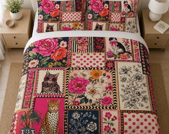 Whimsical Cat Floral Patchwork Duvet Cover, Maximalist Boho Cottagecore Bedding