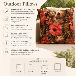 May include: A square outdoor pillow featuring a tropical print with red parrots, hibiscus flowers, and pineapples. Text includes 'PATTERN LIVING', 'Outdoor Pillows', and available sizes: 16" x 16", 18" x 18", 20" x 14" lumbar, and 20" x 20".
