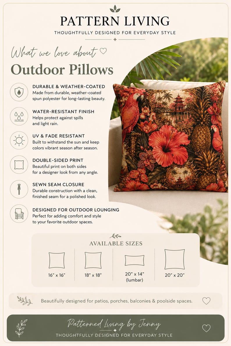 May include: A square outdoor pillow featuring a tropical print with red parrots, hibiscus flowers, and pineapples. Text includes 'PATTERN LIVING', 'Outdoor Pillows', and available sizes: 16" x 16", 18" x 18", 20" x 14" lumbar, and 20" x 20".