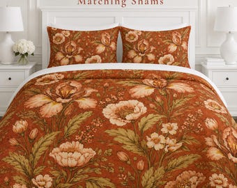 Funda nórdica vintage con estampado botánico floral, juego de ropa de cama estilo cottagecore, flores color terracota óxido.