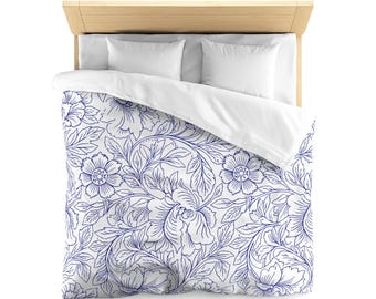 Floral Line Art Duvet Cover, Red Blue Pink Botanical Bedding, Modern Floral Bedding Set, Minimalist Flower Duvet, Cottagecore Bedroom Decor