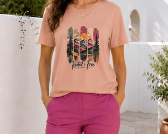 Camiseta gráfica Rooted & Free Mountain: Camiseta de naturaleza para mujer