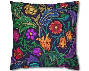 Cojín decorativo floral en tonos joya, cojín botánico bohemio vibrante, decoración maximalista para el hogar.