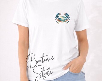 Coastal Crab Shirt, Women's Maple Tee, Ocean Graphic Top, Beach Vacation Style