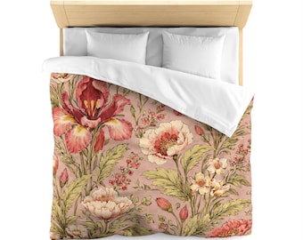 Vintage Botanical Floral Duvet Cover, Cottagecore Blush Rose Bedding Set Queen King