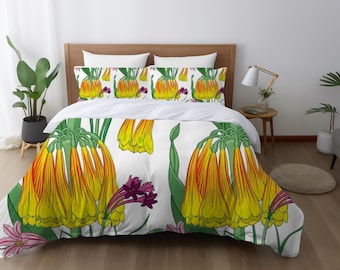 Botanical Lily Duvet Cover, Vintage Floral Cottagecore Bedding, Nature Inspired Microfiber Black
