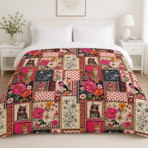 May include: A duvet cover featuring a patchwork design of rectangular panels. The pattern includes illustrations of cats, some wearing glasses or scarves, interspersed with vibrant pink and orange floral motifs, black and white sketches, and polka dots.