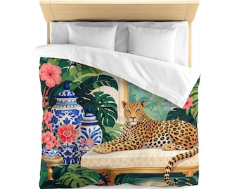 Chinoiserie Leopard Duvet Cover: Tropical Blue White Floral Botanical Luxury Bedding
