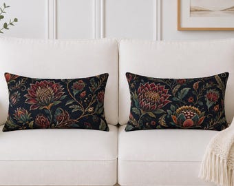 Dark Floral Botanical Lumbar Pillow, Moody Vintage Tapestry Bedding Collection