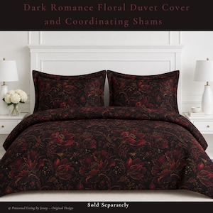 May include: A dark romance floral duvet cover and coordinating shams featuring a deep black background with large, intricate red and burgundy flower patterns. The bedding set displays a repeating botanical design with subtle gold-toned accents.