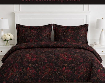 Dark Burgundy Floral Duvet Cover, Moody Botanical Bedding, Gothic Romantic Decor