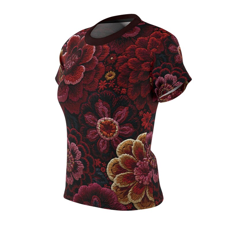 Women's Vintage Botanical Floral Print T-Shirt, Dark Garden Crew Neck Tee image 4