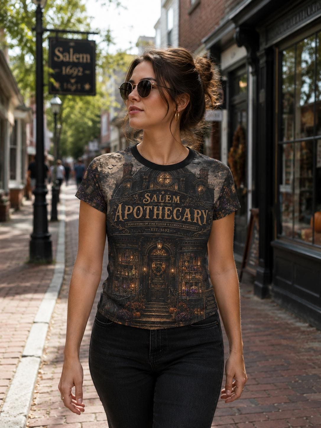 Woman wearing a Salem Apothecary all-over print T-shirt