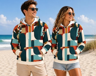 Sudadera con capucha geométrica de estilo moderno de mediados de siglo, jersey abstracto retro con bloques de color.