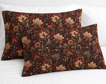 Dark Floral Botanical Pillow Sham, Vintage Tapestry Cottage Decor Bedding